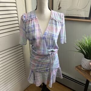 VERONICA BEARD Dress Womens 0 Lilac Plaid Dakota Silk Mini Ruched Feminine Party
